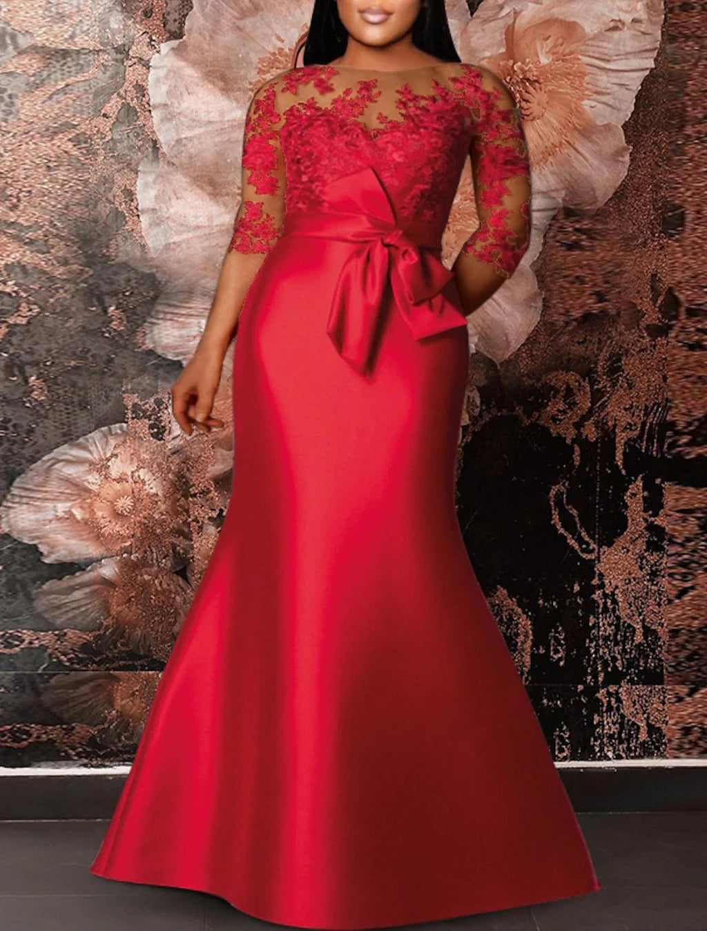 Meerjungfrau/Trompete Übergröße Kurve Abendkleider Übergröße Kleid Formelle Hochzeitsgäste Bodenlang Halbarm Rundhals Satin mit Applikationen Riemchen
