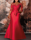 Meerjungfrau/Trompete Übergröße Kurve Abendkleider Übergröße Kleid Formelle Hochzeitsgäste Bodenlang Halbarm Rundhals Satin mit Applikationen Riemchen