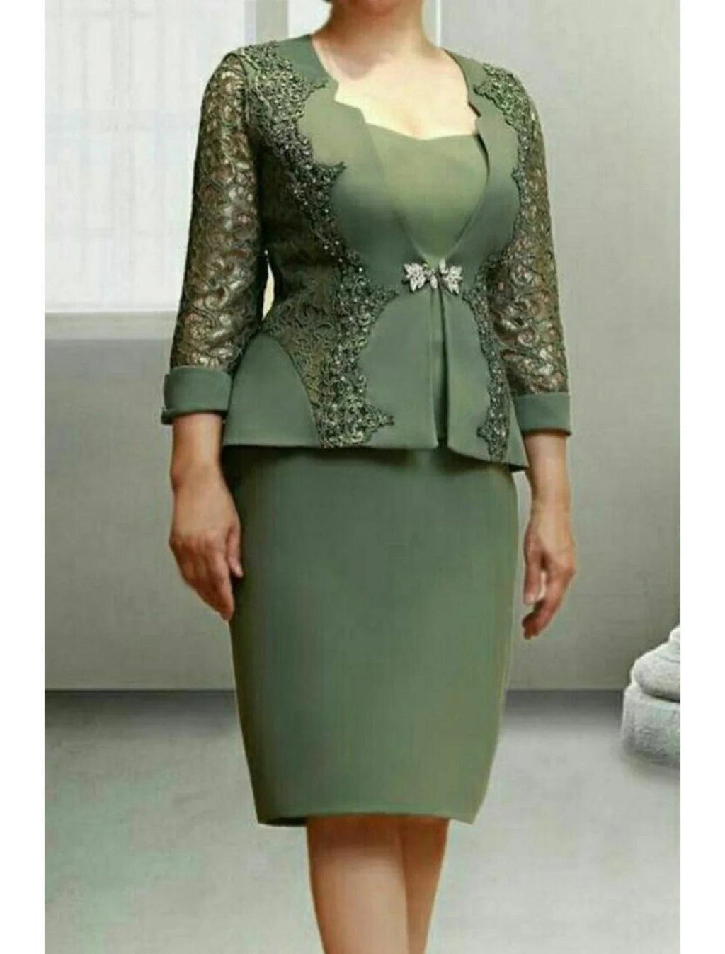 Vestido de dos piezas para madre de la novia, para invitada de boda, fiesta en la iglesia, elegante, escote redondo, largo hasta la rodilla, tejido elástico, manga larga con broche de cristal de encaje.