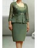 Vestido de dos piezas para madre de la novia, para invitada de boda, fiesta en la iglesia, elegante, escote redondo, largo hasta la rodilla, tejido elástico, manga larga con broche de cristal de encaje.
