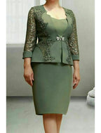 Vestido de dos piezas para madre de la novia, para invitada de boda, fiesta en la iglesia, elegante, escote redondo, largo hasta la rodilla, tejido elástico, manga larga con broche de cristal de encaje.