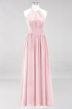 Applikationen Neckholder Ärmellos Bodenlang Brautjungfernkleider mit Rüschen A-Linie Chiffon Abend Maxikleid