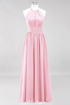 Applikationen Neckholder Ärmellos Bodenlang Brautjungfernkleider mit Rüschen A-Linie Chiffon Abend Maxikleid