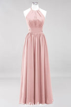 Applikationen Neckholder Ärmellos Bodenlang Brautjungfernkleider mit Rüschen A-Linie Chiffon Abend Maxikleid