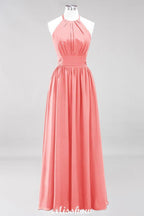 Applikationen Neckholder Ärmellos Bodenlang Brautjungfernkleider mit Rüschen A-Linie Chiffon Abend Maxikleid