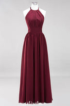 Applikationen Neckholder Ärmellos Bodenlang Brautjungfernkleider mit Rüschen A-Linie Chiffon Abend Maxikleid