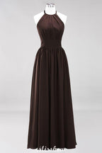 Applikationen Neckholder Ärmellos Bodenlang Brautjungfernkleider mit Rüschen A-Linie Chiffon Abend Maxikleid