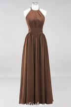 Applikationen Neckholder Ärmellos Bodenlang Brautjungfernkleider mit Rüschen A-Linie Chiffon Abend Maxikleid