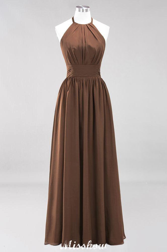 Applikationen Neckholder Ärmellos Bodenlang Brautjungfernkleider mit Rüschen A-Linie Chiffon Abend Maxikleid