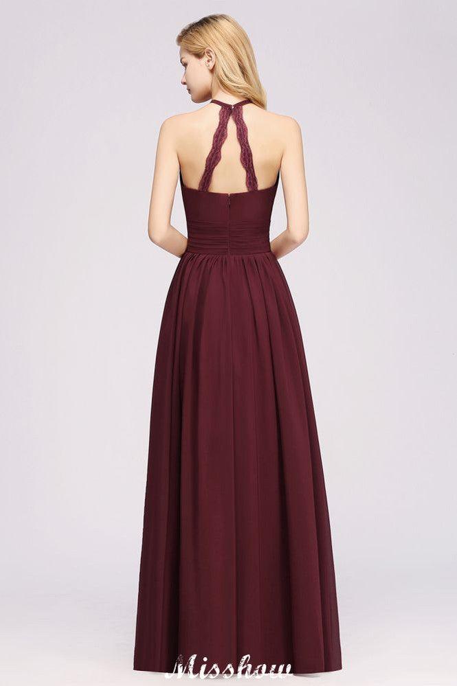 Applikationen Neckholder Ärmellos Bodenlang Brautjungfernkleider mit Rüschen A-Linie Chiffon Abend Maxikleid