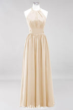 Applikationen Neckholder Ärmellos Bodenlang Brautjungfernkleider mit Rüschen A-Linie Chiffon Abend Maxikleid