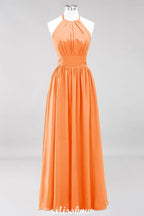 Applikationen Neckholder Ärmellos Bodenlang Brautjungfernkleider mit Rüschen A-Linie Chiffon Abend Maxikleid