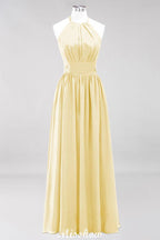 Applikationen Neckholder Ärmellos Bodenlang Brautjungfernkleider mit Rüschen A-Linie Chiffon Abend Maxikleid