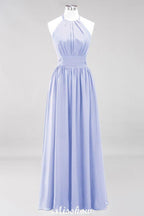 Applikationen Neckholder Ärmellos Bodenlang Brautjungfernkleider mit Rüschen A-Linie Chiffon Abend Maxikleid