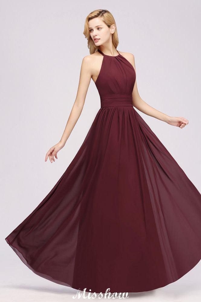 Applikationen Neckholder Ärmellos Bodenlang Brautjungfernkleider mit Rüschen A-Linie Chiffon Abend Maxikleid