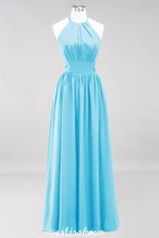 Applikationen Neckholder Ärmellos Bodenlang Brautjungfernkleider mit Rüschen A-Linie Chiffon Abend Maxikleid