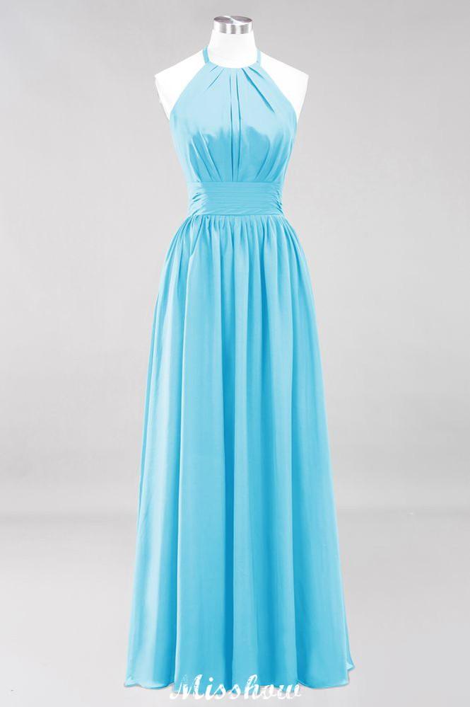 Applikationen Neckholder Ärmellos Bodenlang Brautjungfernkleider mit Rüschen A-Linie Chiffon Abend Maxikleid