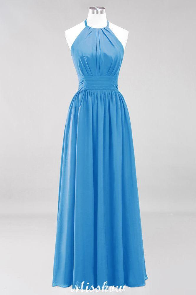 Applikationen Neckholder Ärmellos Bodenlang Brautjungfernkleider mit Rüschen A-Linie Chiffon Abend Maxikleid