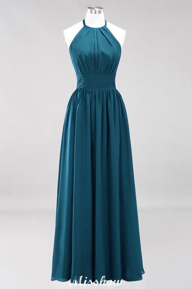 Applikationen Neckholder Ärmellos Bodenlang Brautjungfernkleider mit Rüschen A-Linie Chiffon Abend Maxikleid