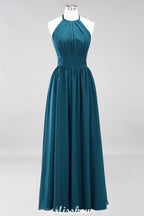 Applikationen Neckholder Ärmellos Bodenlang Brautjungfernkleider mit Rüschen A-Linie Chiffon Abend Maxikleid