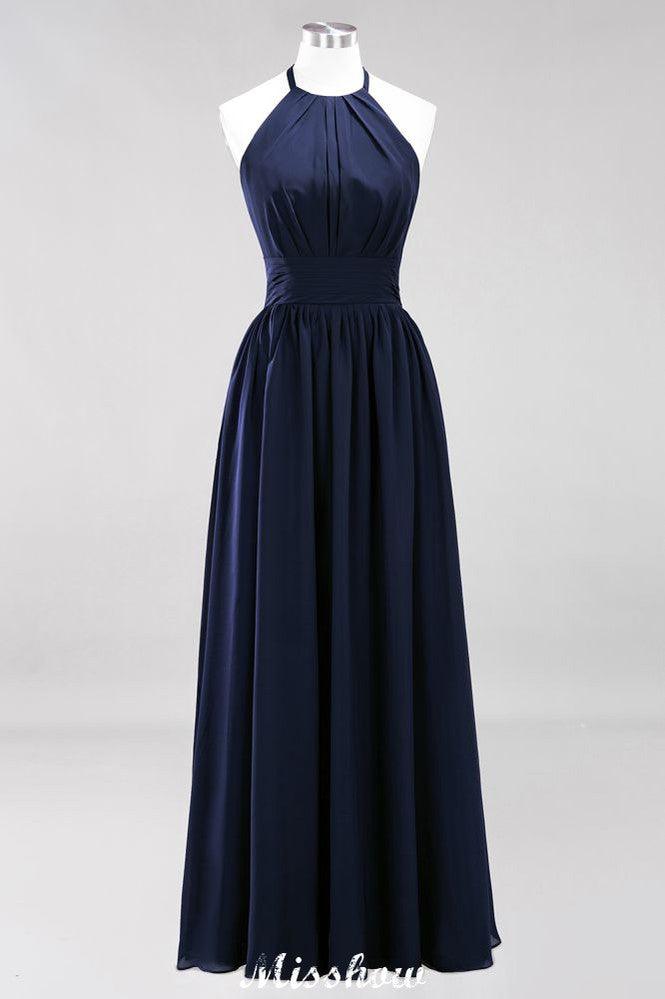 Applikationen Neckholder Ärmellos Bodenlang Brautjungfernkleider mit Rüschen A-Linie Chiffon Abend Maxikleid