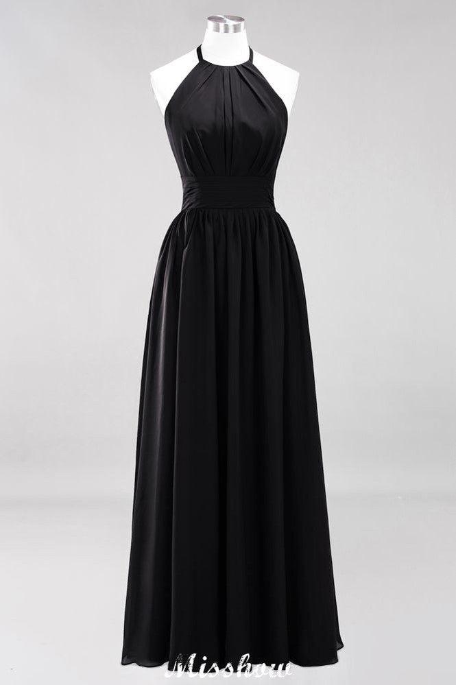 Applikationen Neckholder Ärmellos Bodenlang Brautjungfernkleider mit Rüschen A-Linie Chiffon Abend Maxikleid