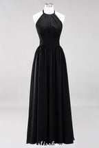 Applikationen Neckholder Ärmellos Bodenlang Brautjungfernkleider mit Rüschen A-Linie Chiffon Abend Maxikleid