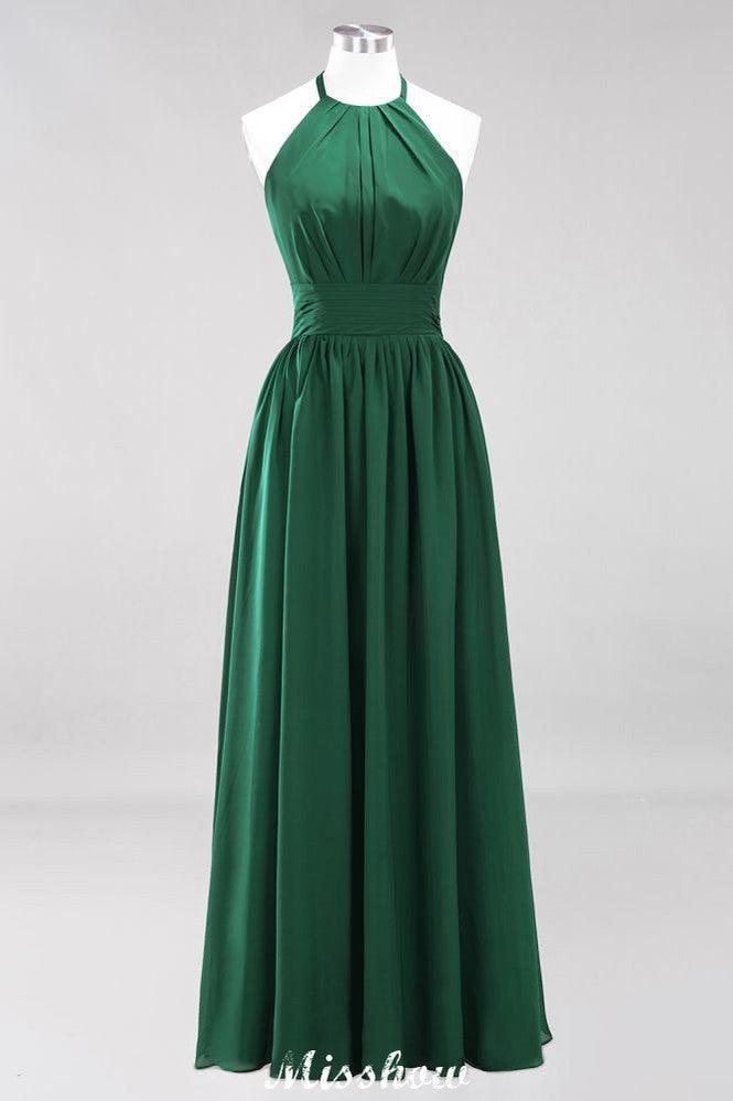 Applikationen Neckholder Ärmellos Bodenlang Brautjungfernkleider mit Rüschen A-Linie Chiffon Abend Maxikleid