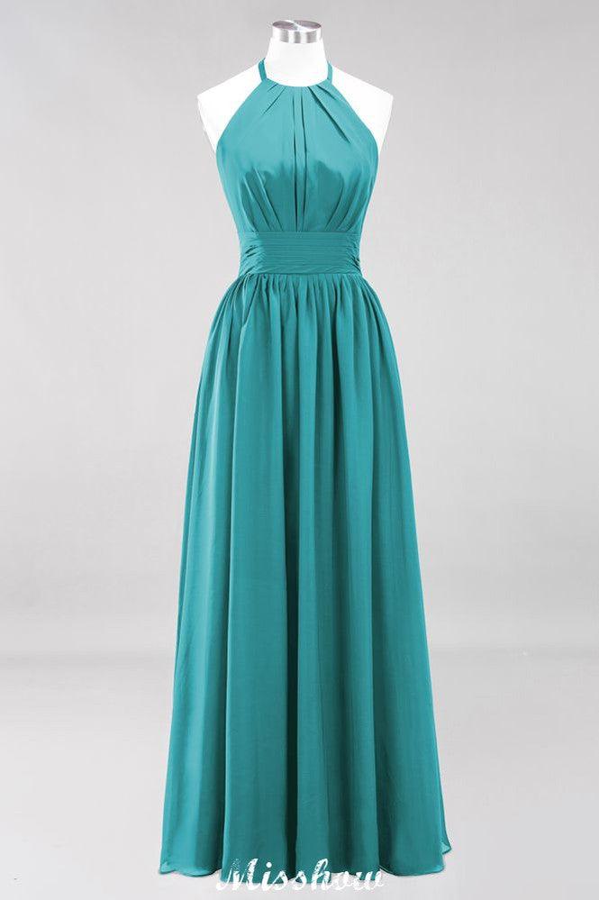 Applikationen Neckholder Ärmellos Bodenlang Brautjungfernkleider mit Rüschen A-Linie Chiffon Abend Maxikleid