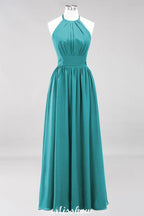 Applikationen Neckholder Ärmellos Bodenlang Brautjungfernkleider mit Rüschen A-Linie Chiffon Abend Maxikleid