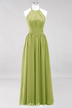 Applikationen Neckholder Ärmellos Bodenlang Brautjungfernkleider mit Rüschen A-Linie Chiffon Abend Maxikleid