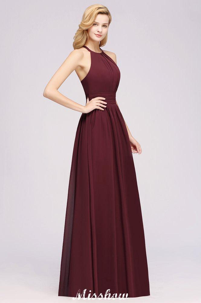 Applikationen Neckholder Ärmellos Bodenlang Brautjungfernkleider mit Rüschen A-Linie Chiffon Abend Maxikleid