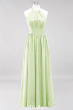 Applikationen Neckholder Ärmellos Bodenlang Brautjungfernkleider mit Rüschen A-Linie Chiffon Abend Maxikleid