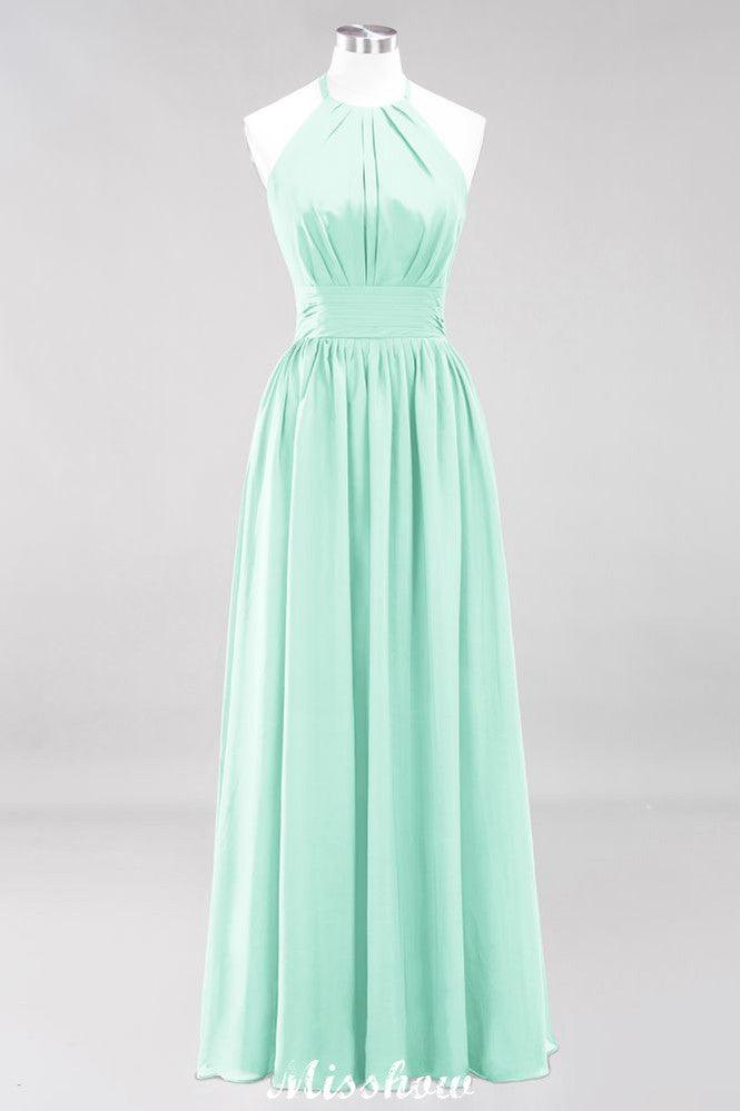 Applikationen Neckholder Ärmellos Bodenlang Brautjungfernkleider mit Rüschen A-Linie Chiffon Abend Maxikleid