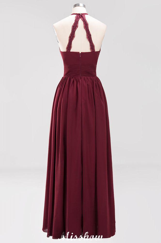 Applikationen Neckholder Ärmellos Bodenlang Brautjungfernkleider mit Rüschen A-Linie Chiffon Abend Maxikleid