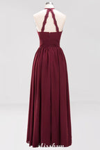 Applikationen Neckholder Ärmellos Bodenlang Brautjungfernkleider mit Rüschen A-Linie Chiffon Abend Maxikleid