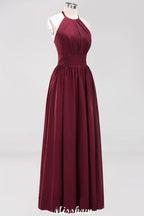 Applikationen Neckholder Ärmellos Bodenlang Brautjungfernkleider mit Rüschen A-Linie Chiffon Abend Maxikleid