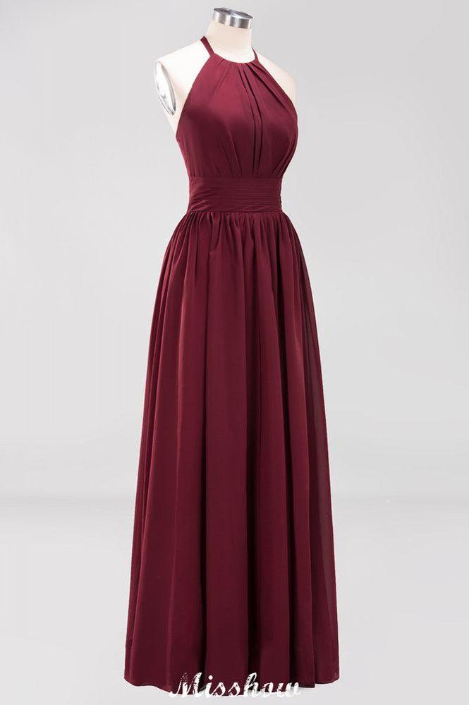 Applikationen Neckholder Ärmellos Bodenlang Brautjungfernkleider mit Rüschen A-Linie Chiffon Abend Maxikleid