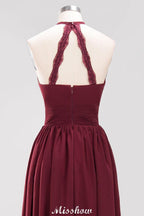Applikationen Neckholder Ärmellos Bodenlang Brautjungfernkleider mit Rüschen A-Linie Chiffon Abend Maxikleid