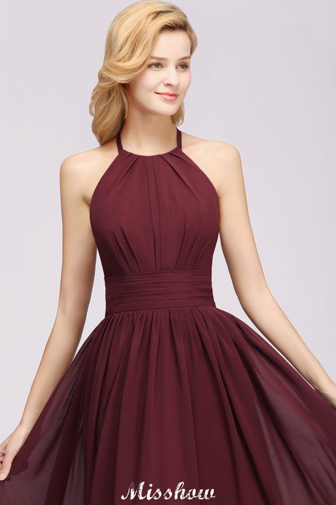 Applikationen Neckholder Ärmellos Bodenlang Brautjungfernkleider mit Rüschen A-Linie Chiffon Abend Maxikleid