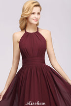Applikationen Neckholder Ärmellos Bodenlang Brautjungfernkleider mit Rüschen A-Linie Chiffon Abend Maxikleid