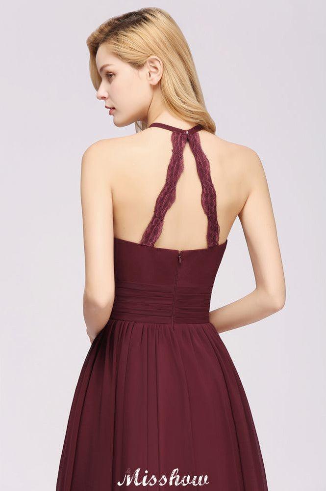 Applikationen Neckholder Ärmellos Bodenlang Brautjungfernkleider mit Rüschen A-Linie Chiffon Abend Maxikleid