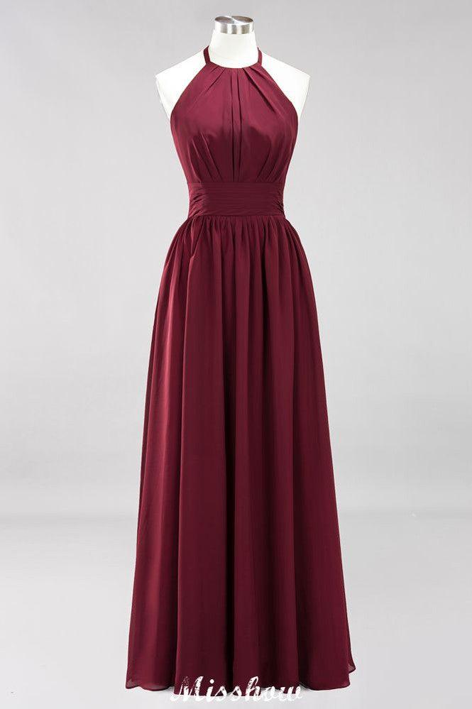 Applikationen Neckholder Ärmellos Bodenlang Brautjungfernkleider mit Rüschen A-Linie Chiffon Abend Maxikleid