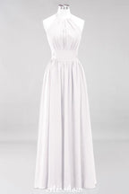 Applikationen Neckholder Ärmellos Bodenlang Brautjungfernkleider mit Rüschen A-Linie Chiffon Abend Maxikleid