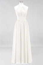 Applikationen Neckholder Ärmellos Bodenlang Brautjungfernkleider mit Rüschen A-Linie Chiffon Abend Maxikleid