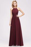 Applikationen Neckholder Ärmellos Bodenlang Brautjungfernkleider mit Rüschen A-Linie Chiffon Abend Maxikleid