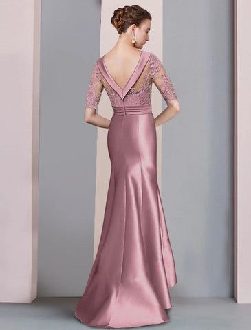 Meerjungfrau/Trompete Kleid für die Brautmutter, formelle Kleider für Hochzeitsgäste im Herbst, elegant, hoch und tief, Rundhalsausschnitt, Schleppe/Pinselzug, asymmetrisch, Satin, Spitze, halbe Ärmel mit Schleife(n), Applikationen