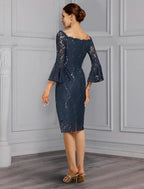 Vestido de novia elegante para invitada de boda formal, fiesta, hombros descubiertos, largo hasta la rodilla, de gasa, encaje, imitación seda, manga 3/4 con lazo(s)