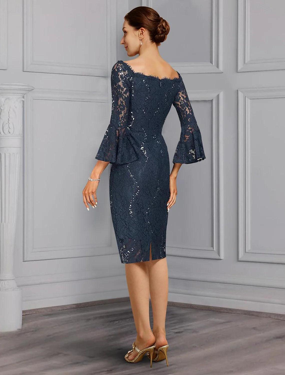 Vestido de novia elegante para invitada de boda formal, fiesta, hombros descubiertos, largo hasta la rodilla, de gasa, encaje, imitación seda, manga 3/4 con lazo(s)