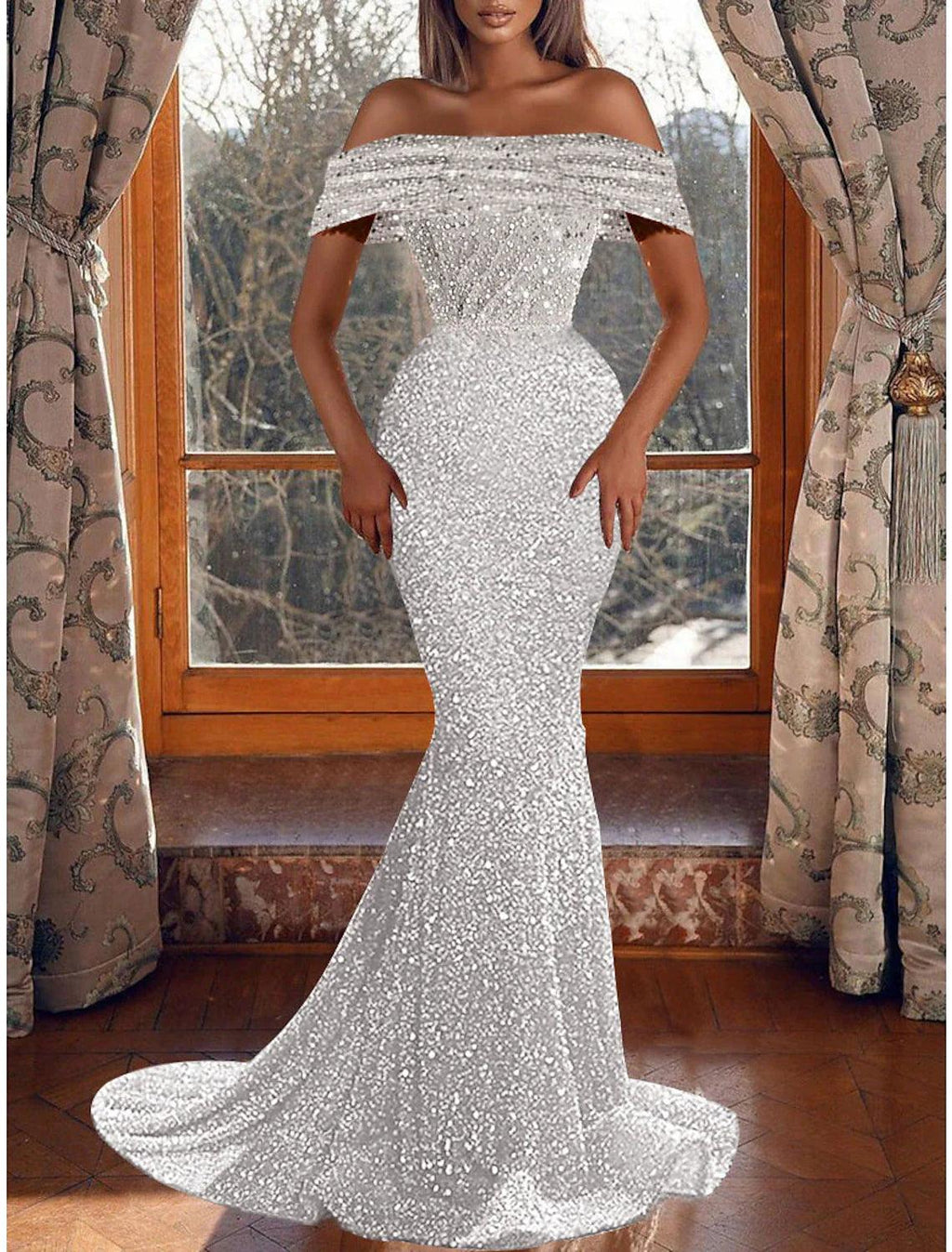Vestido de fiesta de sirena, vestido de noche con brillo y destellos, vestido de graduación, cumpleaños, asimétrico, manga corta, hombros descubiertos, con lentejuelas